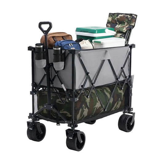 Folding Double-Decker Wagon, 320L Large Capacity 440 lbs Heavy-Duty Utility Cart with Brakes, All-Terrain Wheels & Flexible Handle, Compact Foldable Design for Camping & Grocery