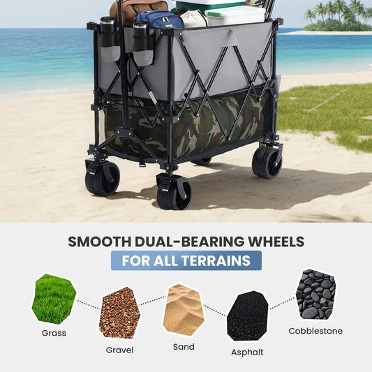 Folding Double-Decker Wagon, 320L Large Capacity 440 lbs Heavy-Duty Utility Cart with Brakes, All-Terrain Wheels & Flexible Handle, Compact Foldable Design for Camping & Grocery