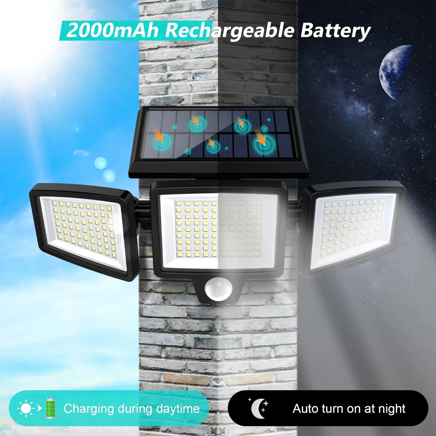 Tuffenough Solar Outdoor Security Lights, 2500LM 210LED 3-Head Dimmable Spotlights with 3 Lighting Modes, IP65 Waterproof, Ideal for Yard, Garage, Porch, Patio, Garden, Farm, Chicken Coop, Barn, Horse Stable & Pool, Perfect Father's Day Gift