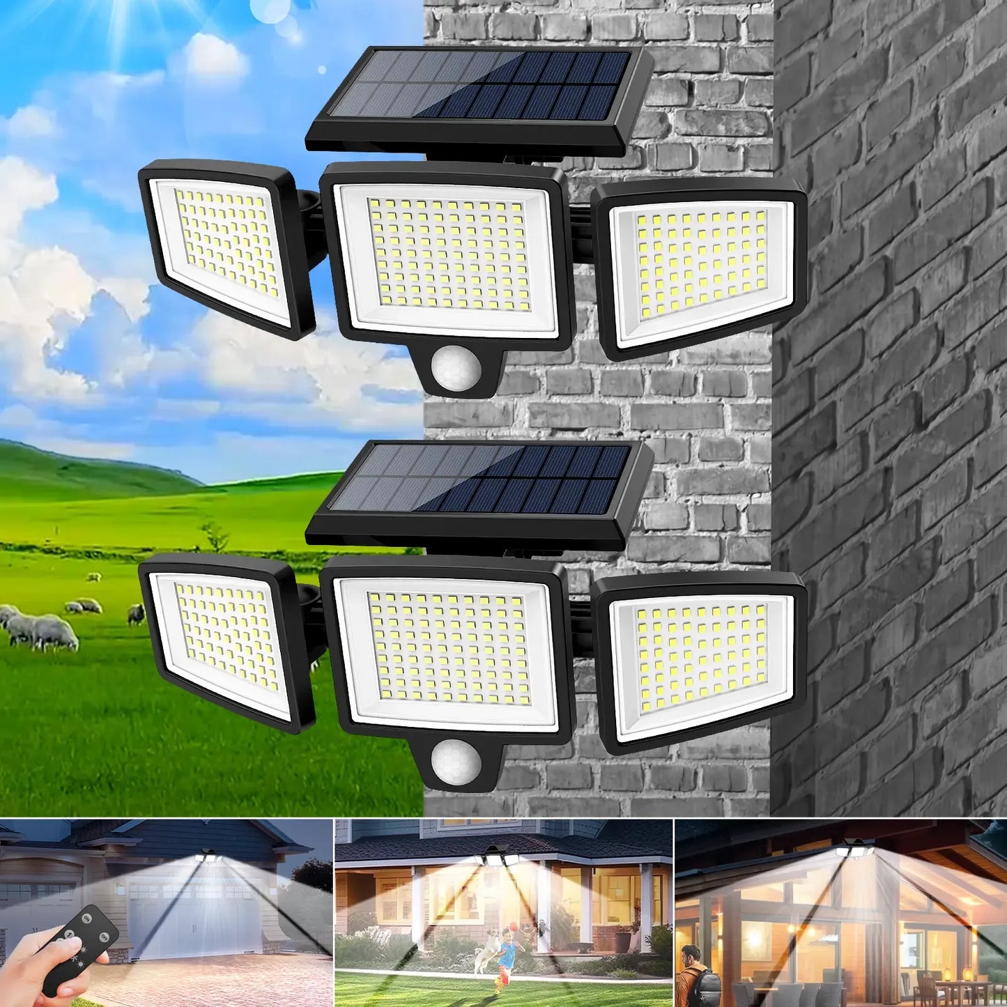 Tuffenough Solar Outdoor Security Lights, 2500LM 210LED 3-Head Dimmable Spotlights with 3 Lighting Modes, IP65 Waterproof, Ideal for Yard, Garage, Porch, Patio, Garden, Farm, Chicken Coop, Barn, Horse Stable & Pool, Perfect Father's Day Gift