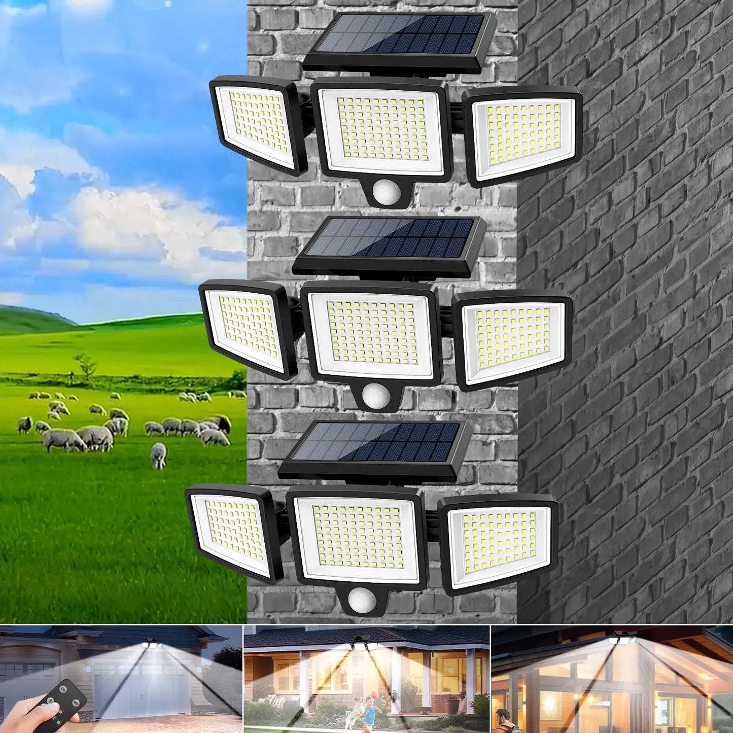 Tuffenough Solar Outdoor Security Lights, 2500LM 210LED 3-Head Dimmable Spotlights with 3 Lighting Modes, IP65 Waterproof, Ideal for Yard, Garage, Porch, Patio, Garden, Farm, Chicken Coop, Barn, Horse Stable & Pool, Perfect Father's Day Gift