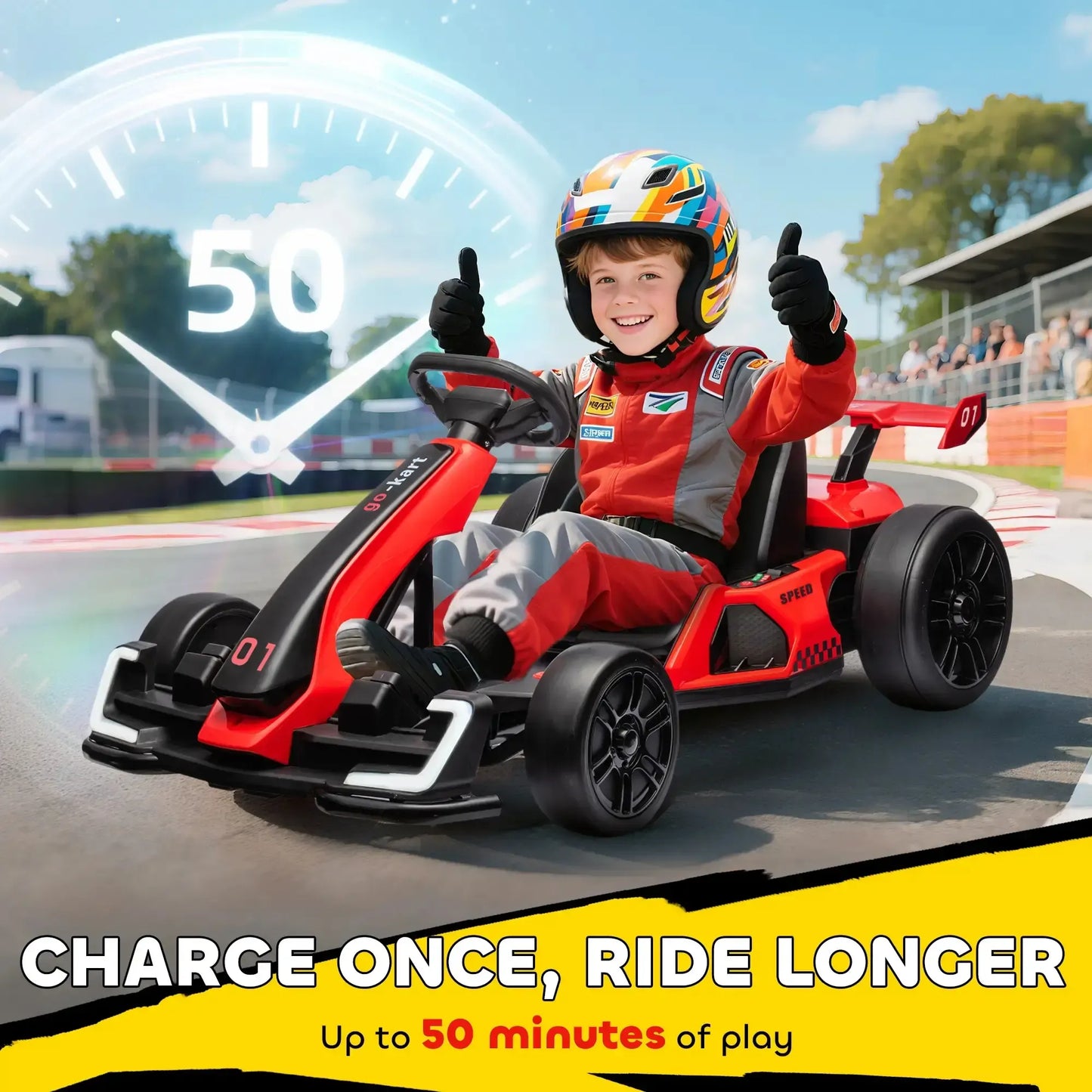24V Electric Go Kart, 7.5/8.1mph, Drifting Car Battery Powered Ride on Toy with Slow Start, Music, Horn, for 6-12 Years Old