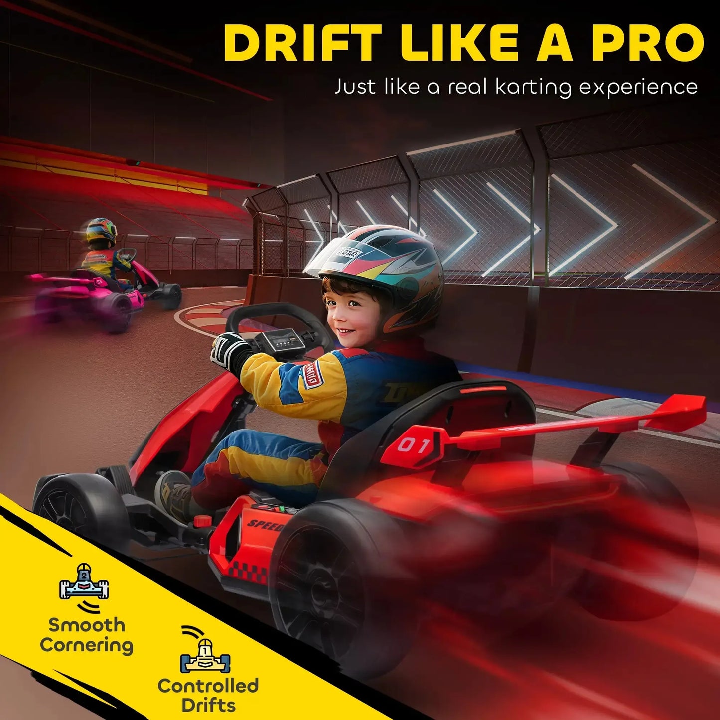 24V Electric Go Kart, 7.5/8.1mph, Drifting Car Battery Powered Ride on Toy with Slow Start, Music, Horn, for 6-12 Years Old