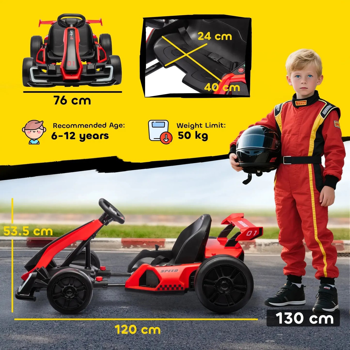 24V Electric Go Kart, 7.5/8.1mph, Drifting Car Battery Powered Ride on Toy with Slow Start, Music, Horn, for 6-12 Years Old
