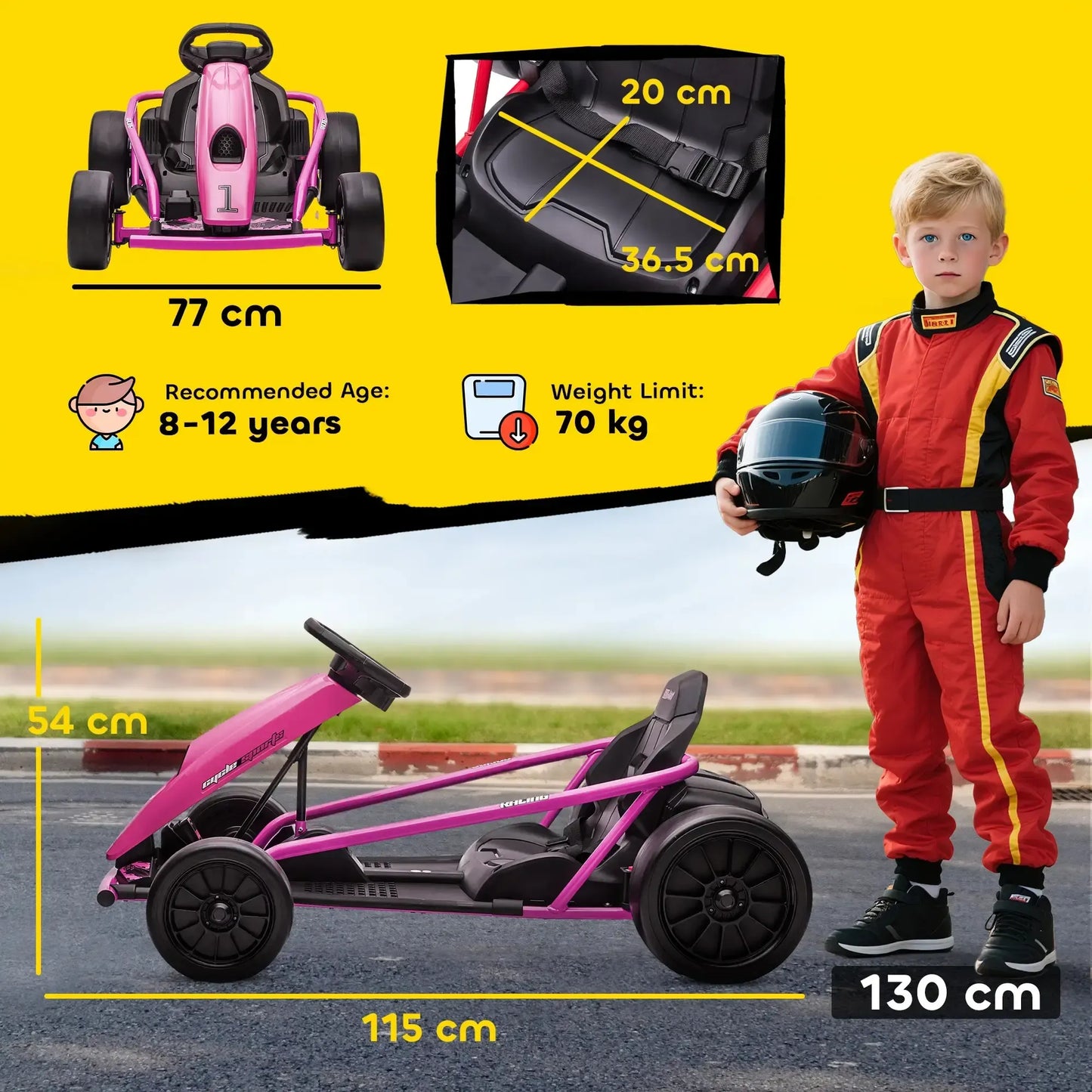 24V Electric Go Kart, 7.5/8.1mph, Drifting Car Battery Powered Ride on Toy with Slow Start, Music, Horn, for 6-12 Years Old