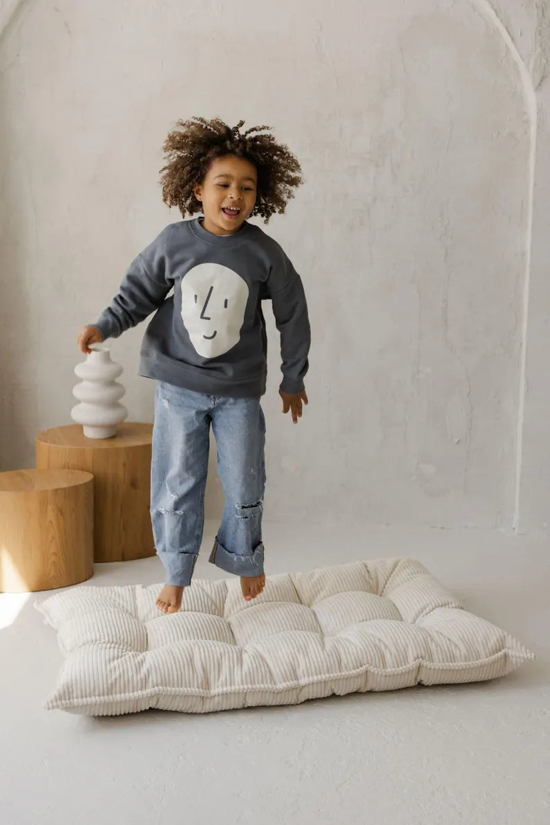 Tufted Corduroy Floor Cushion In Ecru, French Cushion Pillow, Soft Seating Mat, Kids Room Decor, Kindergarten Gift, Summer Outdoor Playset