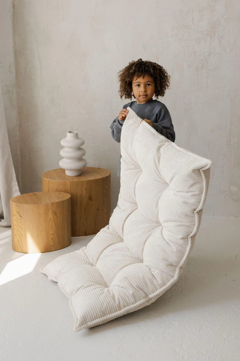 Tufted Corduroy Floor Cushion In Ecru, French Cushion Pillow, Soft Seating Mat, Kids Room Decor, Kindergarten Gift, Summer Outdoor Playset